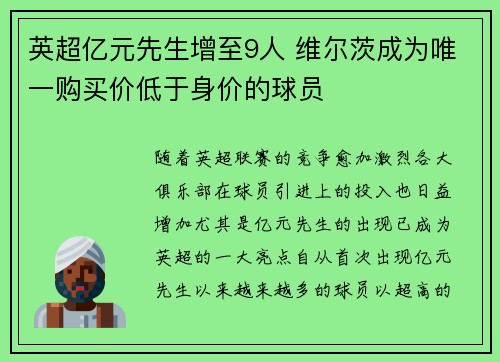 英超亿元先生增至9人 维尔茨成为唯一购买价低于身价的球员 英超亿元先生增至9人 维尔茨成为唯一购买价低于身价的球员